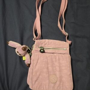 Kipling Light Pink Canvas Crossbody Bag With Pink And Brown Monkey Keychain